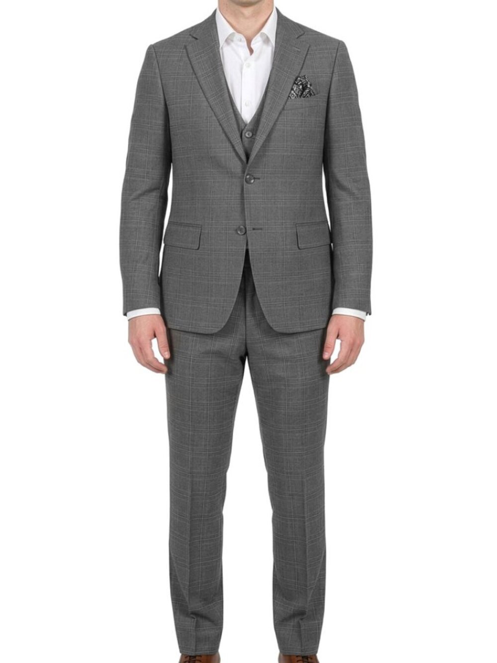 Grey Plaid Notch Lapel 3 Piece Men's Suit